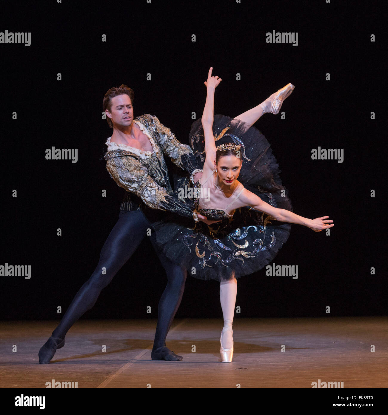 UK. 6 March 2016. Black Swan / Swan Lake performed by Liudmila Konovalova (Vienna State Ballet) Matthew Golding (Royal Ballet). Dress rehearsal of the 'Ave Maya' Gala at the London