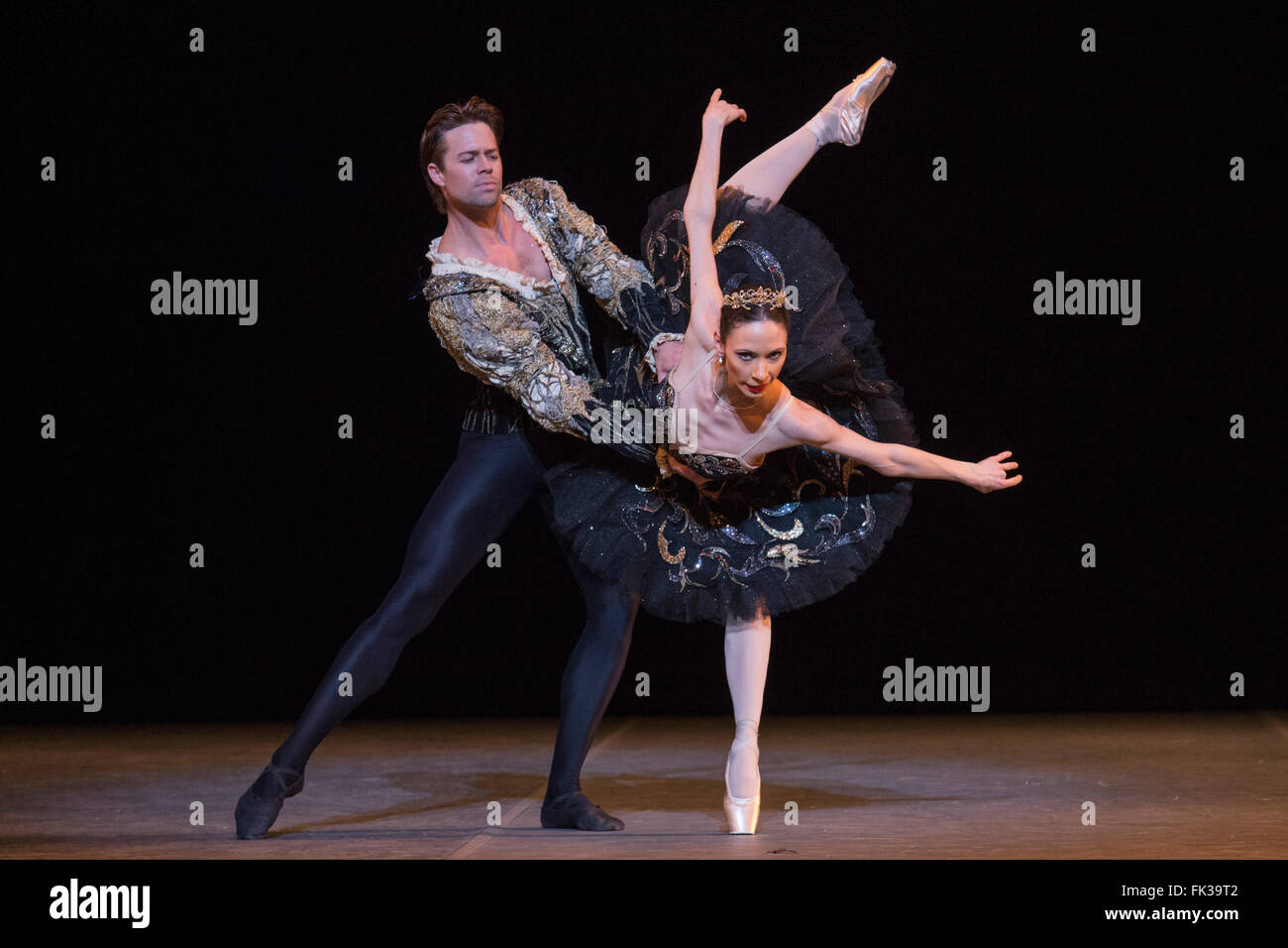 London, UK. 6 March 2016. Black Swan / Swan Lake performed by Liudmila  Konovalova (Vienna State Ballet) and Matthew Golding (Royal Ballet). Dress  rehearsal of the 'Ave Maya' Gala at the London