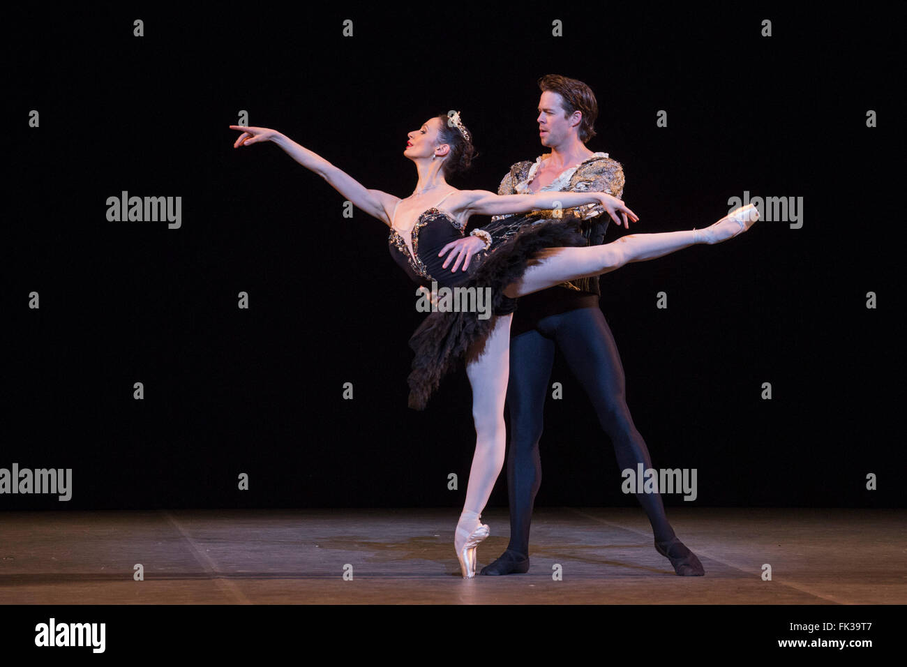 London, UK. 6 March 2016. Black Swan / Swan Lake performed by Liudmila Konovalova (Vienna State Ballet) and Matthew Golding (Royal Ballet). Dress rehearsal of the Maya' Gala at the London