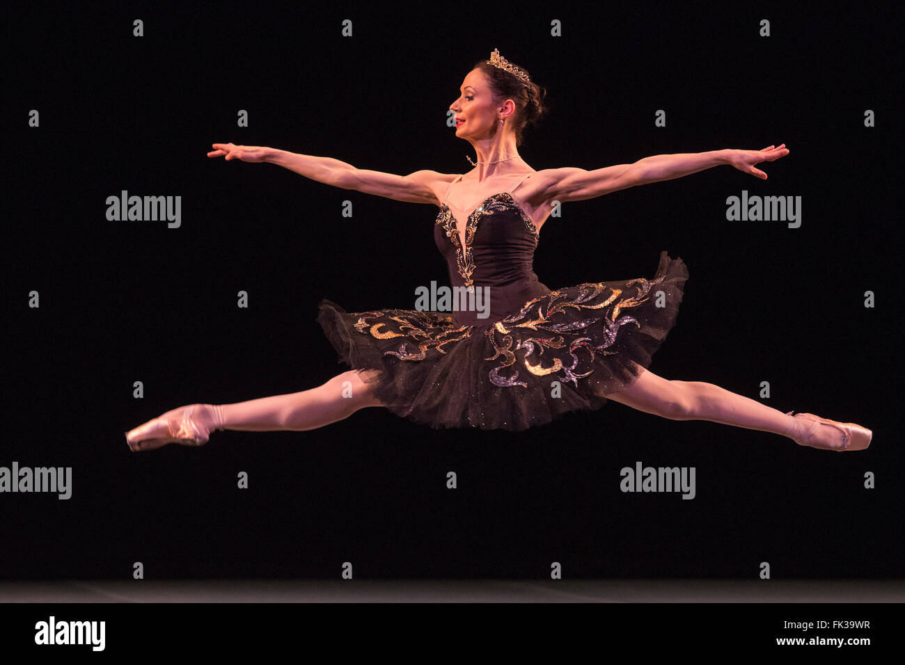London, UK. 6 March 2016. Black Swan / Swan Lake performed by Liudmila  Konovalova (Vienna State Ballet) and Matthew Golding (Royal Ballet). Dress  rehearsal of the 'Ave Maya' Gala at the London