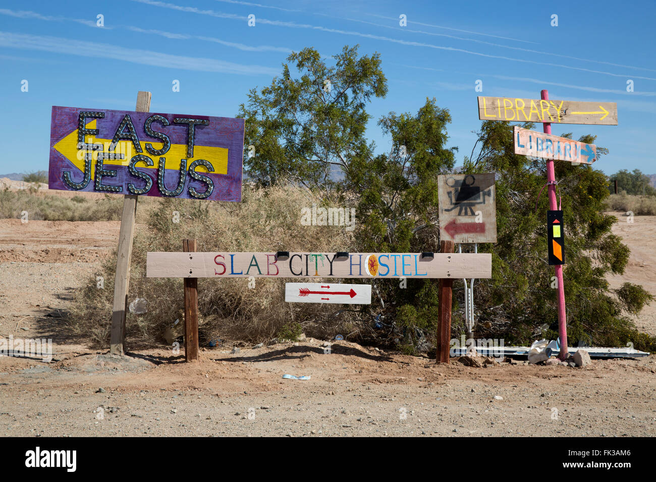 Makeshift road signs, Slab City, Niland, California USA Stock Photo