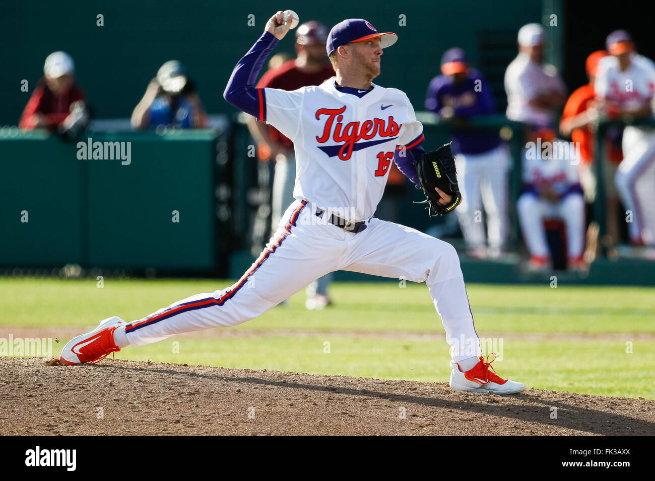 Clemson, SC, USA. 6th Mar, 2016. Alex Eubanks (16) of the Clemson Tigers gets the start for the NCAA Baseball match-up between the South Carolina Gamecocks and the Clemson Tigers at Doug Kingsmore Stadium in Clemson, SC. Scott Kinser/CSM/Alamy Live News Stock Photo