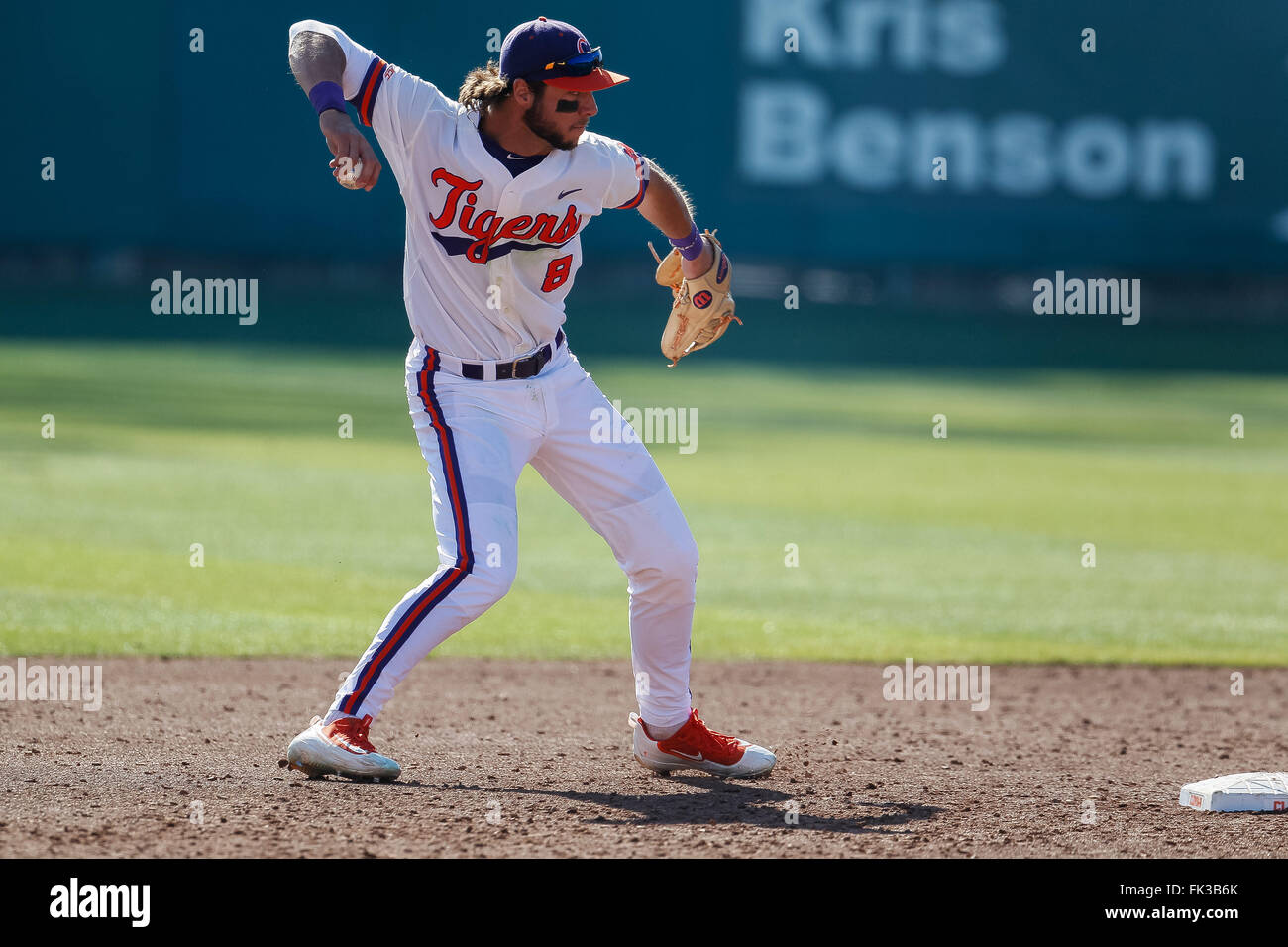 Clemson, SC, USA. 6th Mar, 2016. Weston Wilson (8) of the Clemson Tigers makes the throw for the out in the NCAA Baseball match-up between the South Carolina Gamecocks and the Clemson Tigers at Doug Kingsmore Stadium in Clemson, SC. Scott Kinser/CSM/Alamy Live News Stock Photo