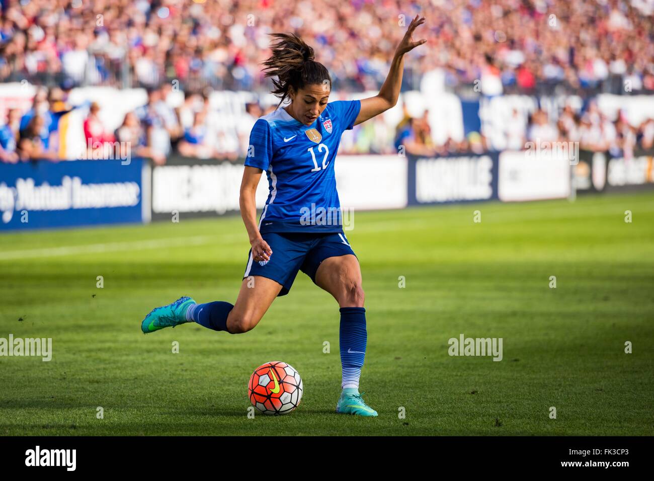 Nashville, Tennessee, USA. 06th Mar, 2016. United States FW Christen Press (12) during the She Believes Cup Women's International Soccer match between France and the United States at Nissan Stadium on March 6, 2016 in Nashville, TN. Jacob Kupferman/CSM Credit:  Cal Sport Media/Alamy Live News Stock Photo