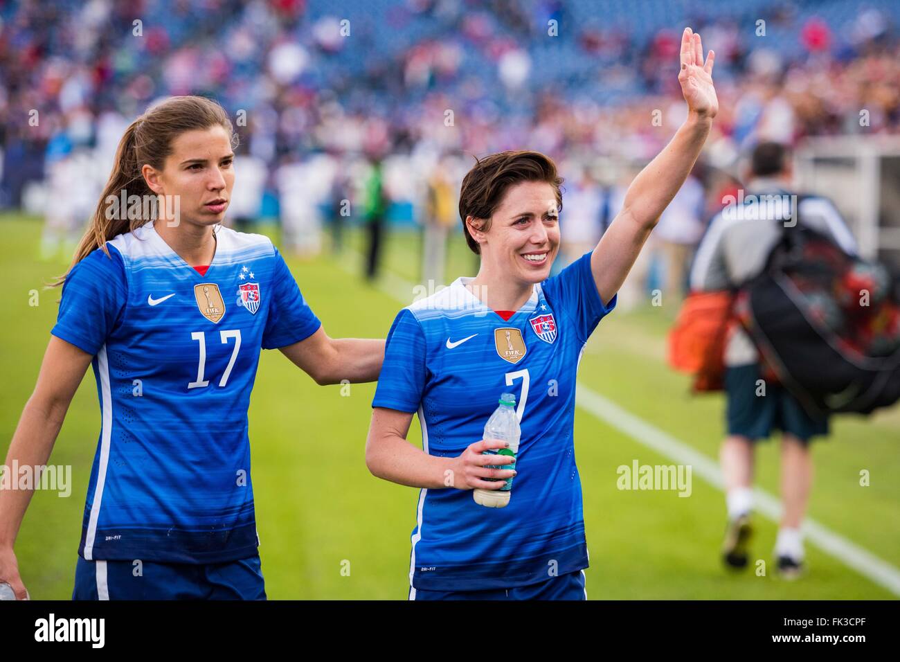 Nashville, Tennessee, USA. 06th Mar, 2016. United States DF Meghan Klingenberg (7) and United States MF Tobin Heath (17) during the She Believes Cup Women's International Soccer match between France and the United States at Nissan Stadium on March 6, 2016 in Nashville, TN. Jacob Kupferman/CSM Credit:  Cal Sport Media/Alamy Live News Stock Photo