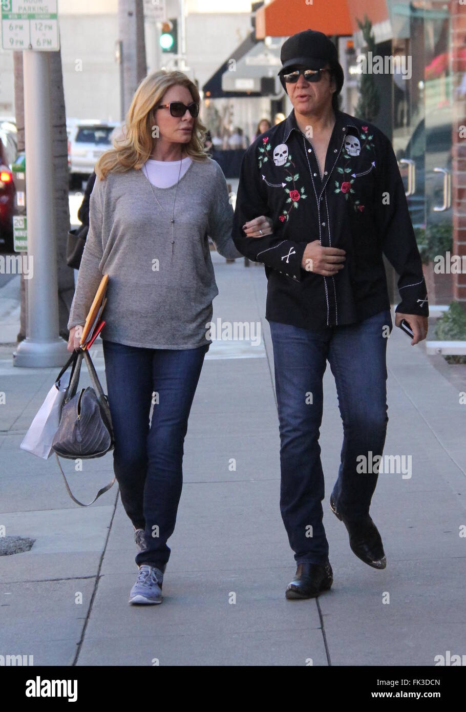 Gene Simmons strolling with his wife in Beverly Hills  Featuring: Gene Simmons, Shannon Tweed Where: Los Angeles, California, United States When: 04 Feb 2016 Stock Photo