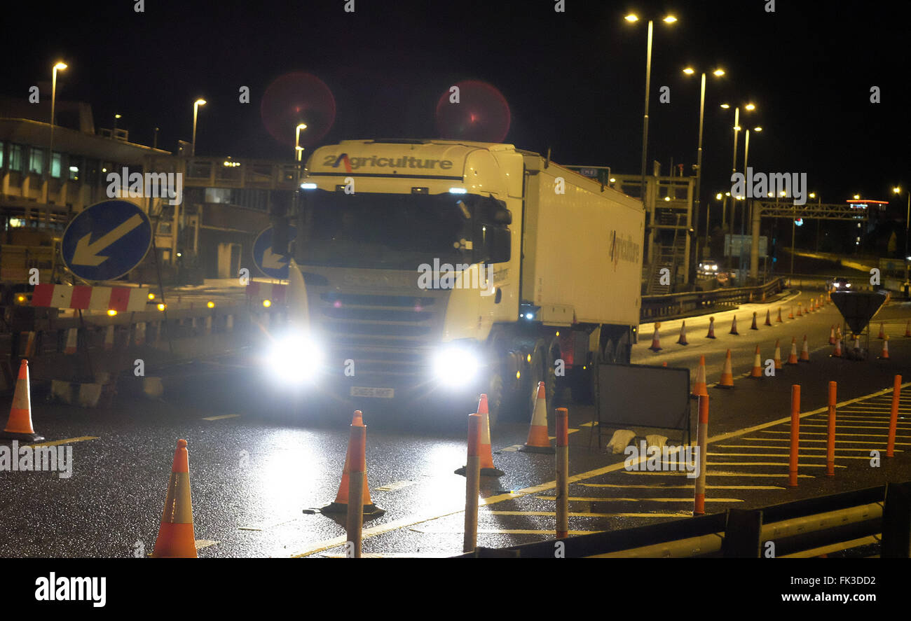 Phased reintroduction of Heavy Goods Vehicles (HGVs) to the Forth Road Bridge began from Thursday night (4th of Feb, 2016).    Structural monitoring installed at the truss end links of the structure show the bridge can now allow a limited number of HGVs to cross – up to around 600 northbound between 11 pm and 4 am nightly, starting February 4, 2016 subject to weather conditions.    The structural monitoring systems installed on the FRB provide live data on the behaviour of the bridge to inform decision making and modelling while 90 per cent of traffic has been crossing successfully since the r Stock Photo