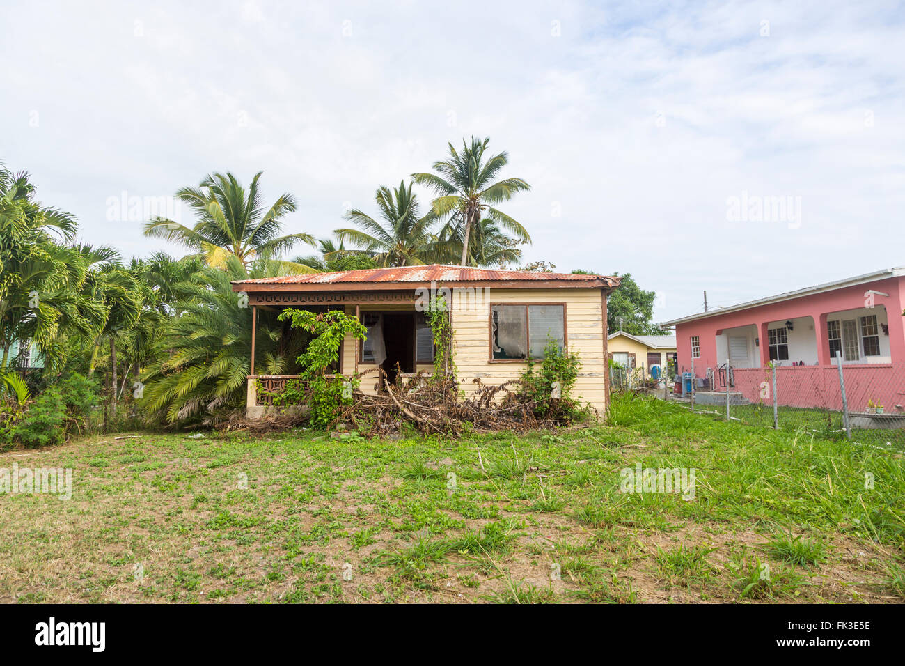 Typical run-down, dilapidated wooden single storey house in Liberta, south Antigua, Antigua and Barbuda, West Indies Stock Photo