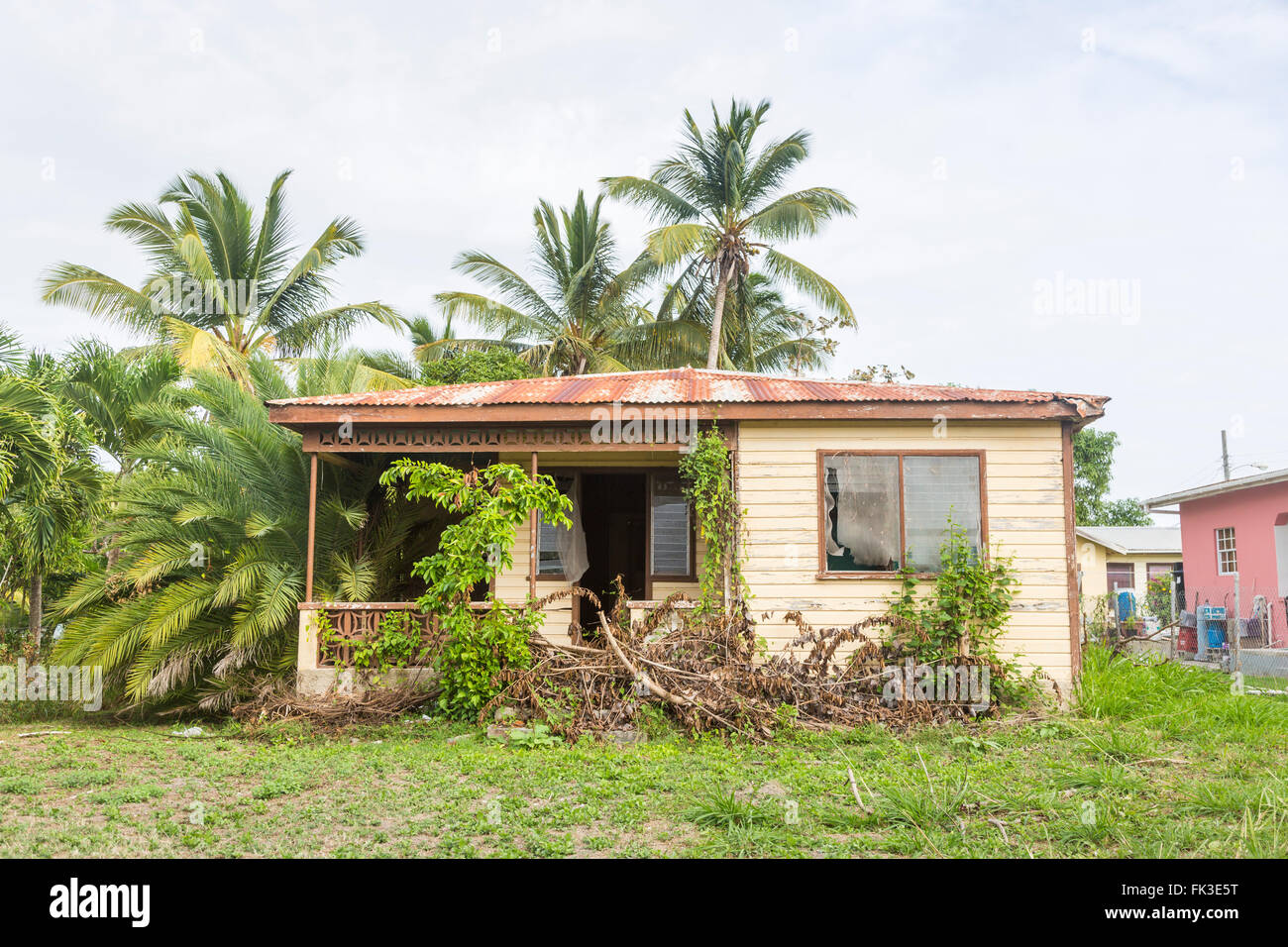 Typical run-down, dilapidated wooden single storey house in Liberta, south Antigua, Antigua and Barbuda, West Indies Stock Photo