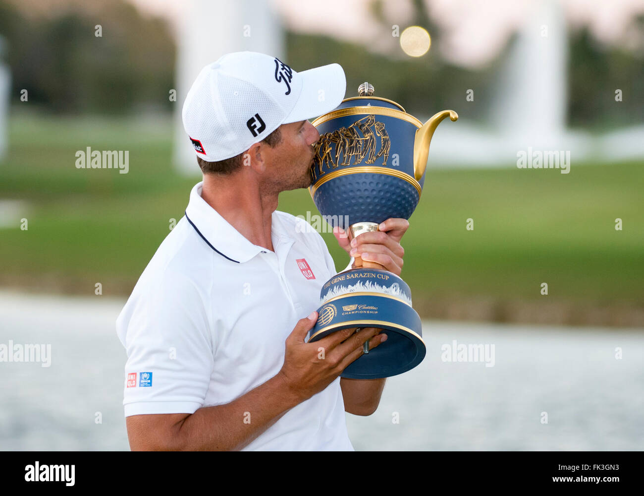 Doral, Florida, USA. 06th Mar, 2016. Adam Scott of Australia kisses the trophy after winning the final round of the World Golf Championships-Cadillac Championship on the TPC Blue Monster course at the Trump Doral Golf Club and Resort in Doral, FL. Credit:  Action Plus Sports/Alamy Live News Stock Photo
