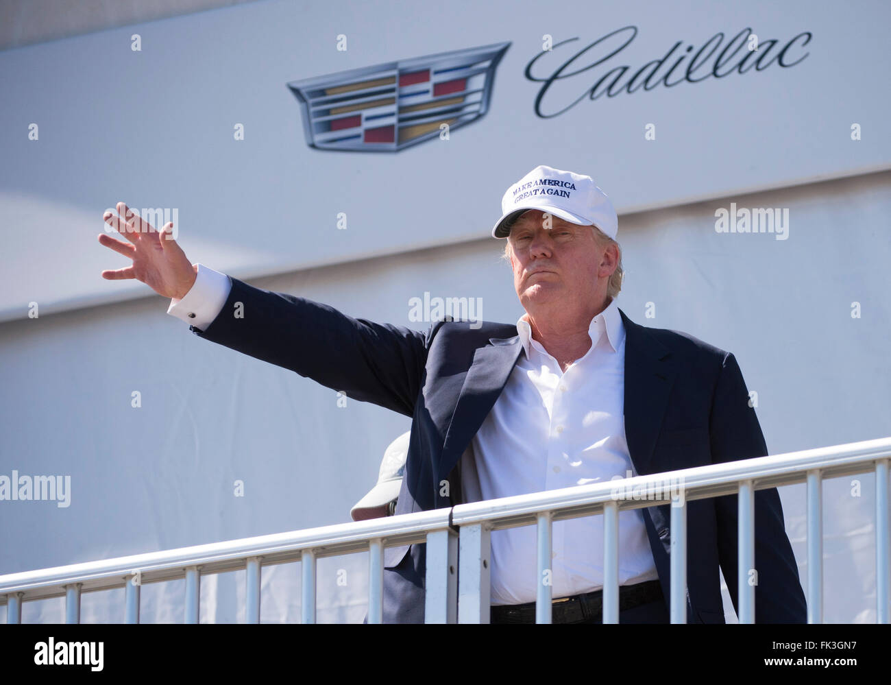 Doral, Florida, USA. 06th Mar, 2016. Donald Trump waves to the fans as he arrives by helicoptor at the final round of the World Golf Championships-Cadillac Championship on the TPC Blue Monster course at the Trump Doral Golf Club and Resort in Doral, FL. Credit:  Action Plus Sports/Alamy Live News Stock Photo