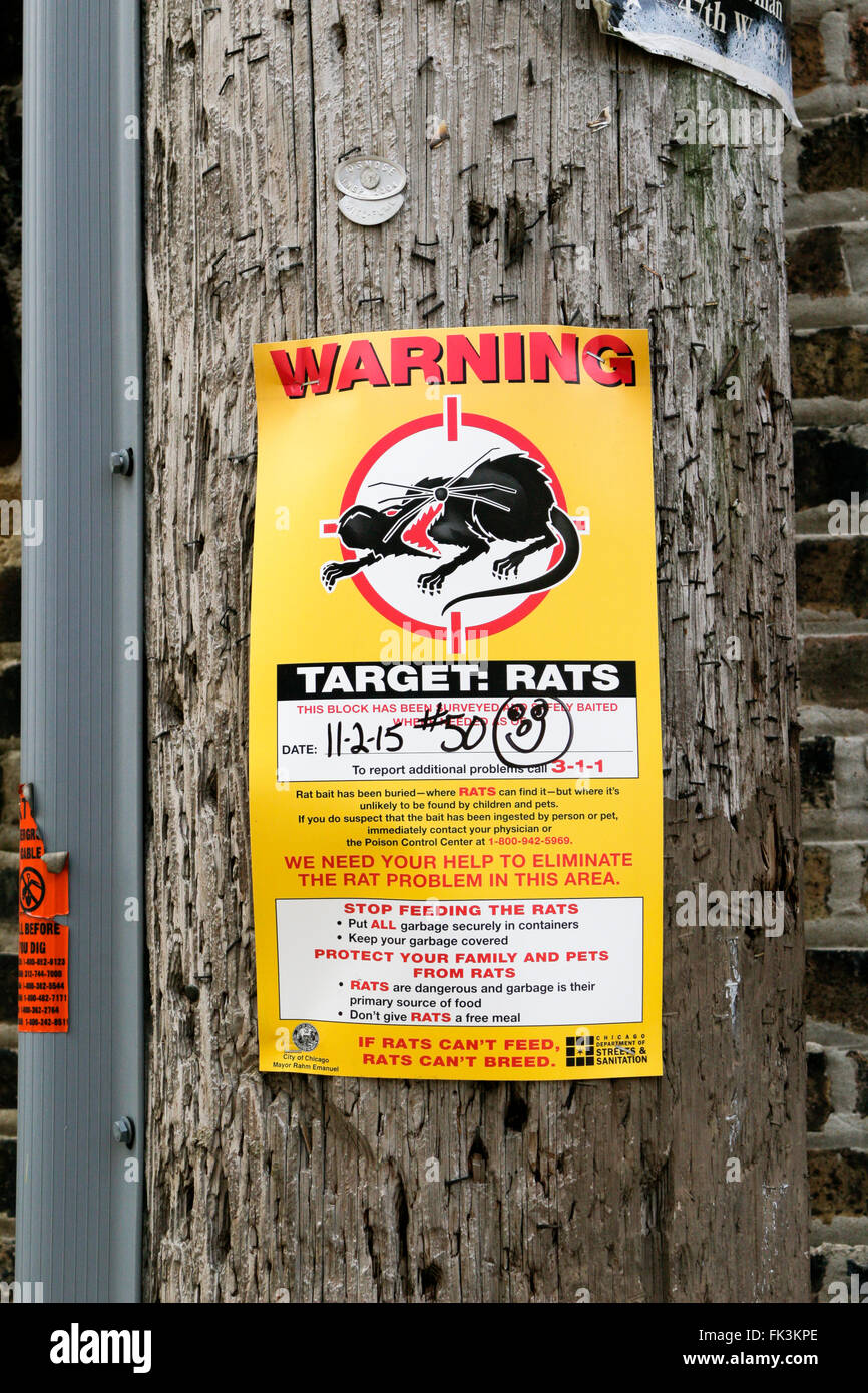 Rat poison bait control notice. Chicago, Illinois. Stock Photo
