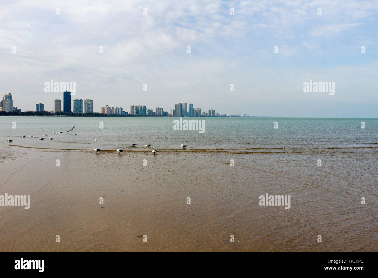 Montrose Beach, Chicago, Illinois. Raised water level due to seiche, 26 minutes after first photo. 2 of 2. Stock Photo