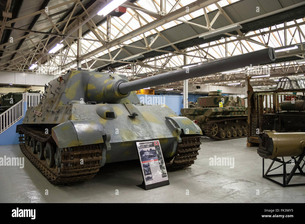 Bovington tank museum interior display. Second world war German PzKpfw VI jadtiger hunting tiger tank destoryer, front view. Stock Photo