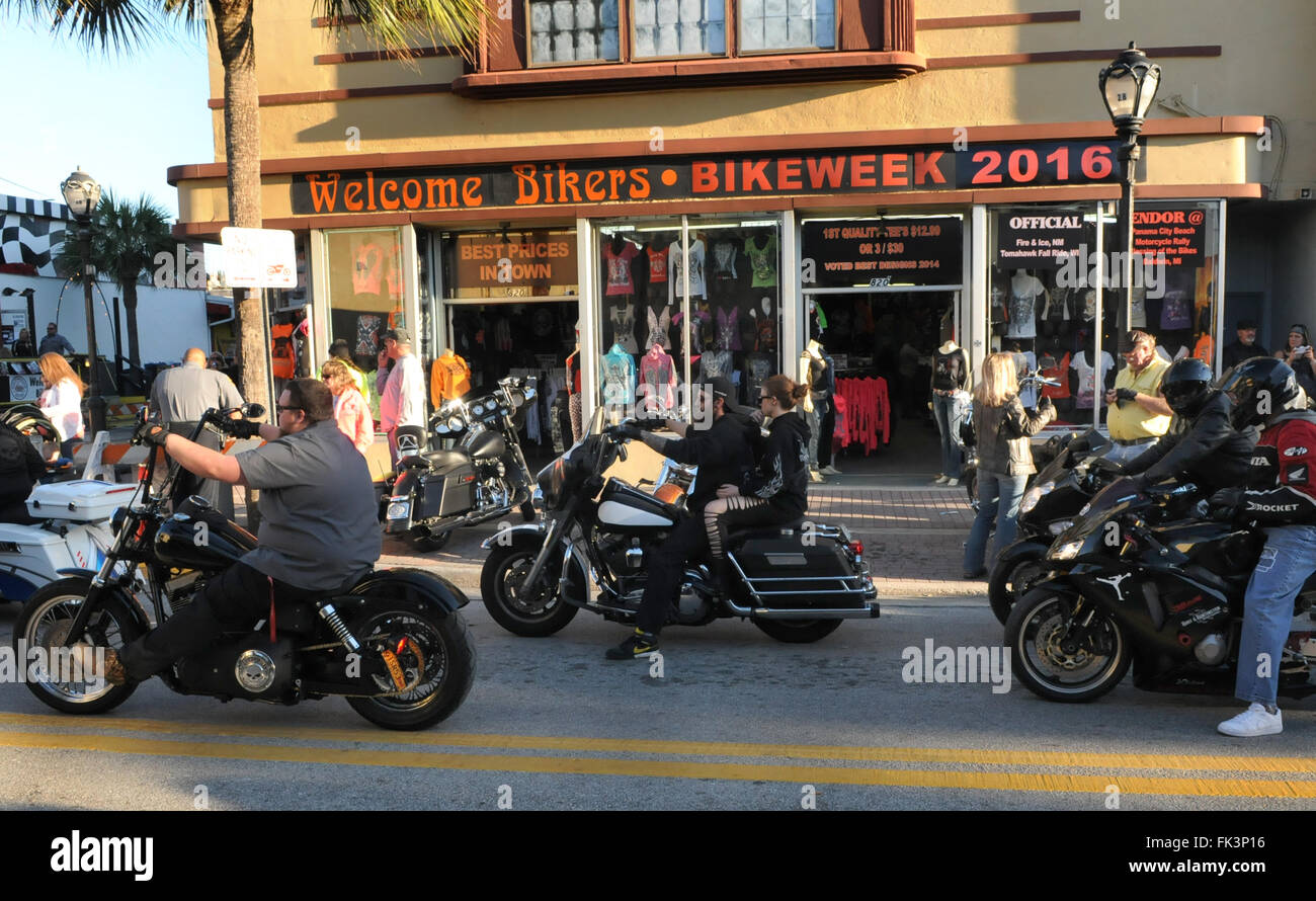 Daytona Beach, Florida, USA. 06th Mar, 2016. Motorcyclists ride down Main Street in Daytona Beach, Florida for the 75th Annual Bike Week gathering. The 10-day event, which features motorcycle racing, concerts, street festivals, and wet t-shirt contests, draws as many as 500,000 motorcycle enthusiasts from around the world, and is one of the largest gatherings of its kind in the United States. Credit:  Paul Hennessy/Alamy Live News Stock Photo