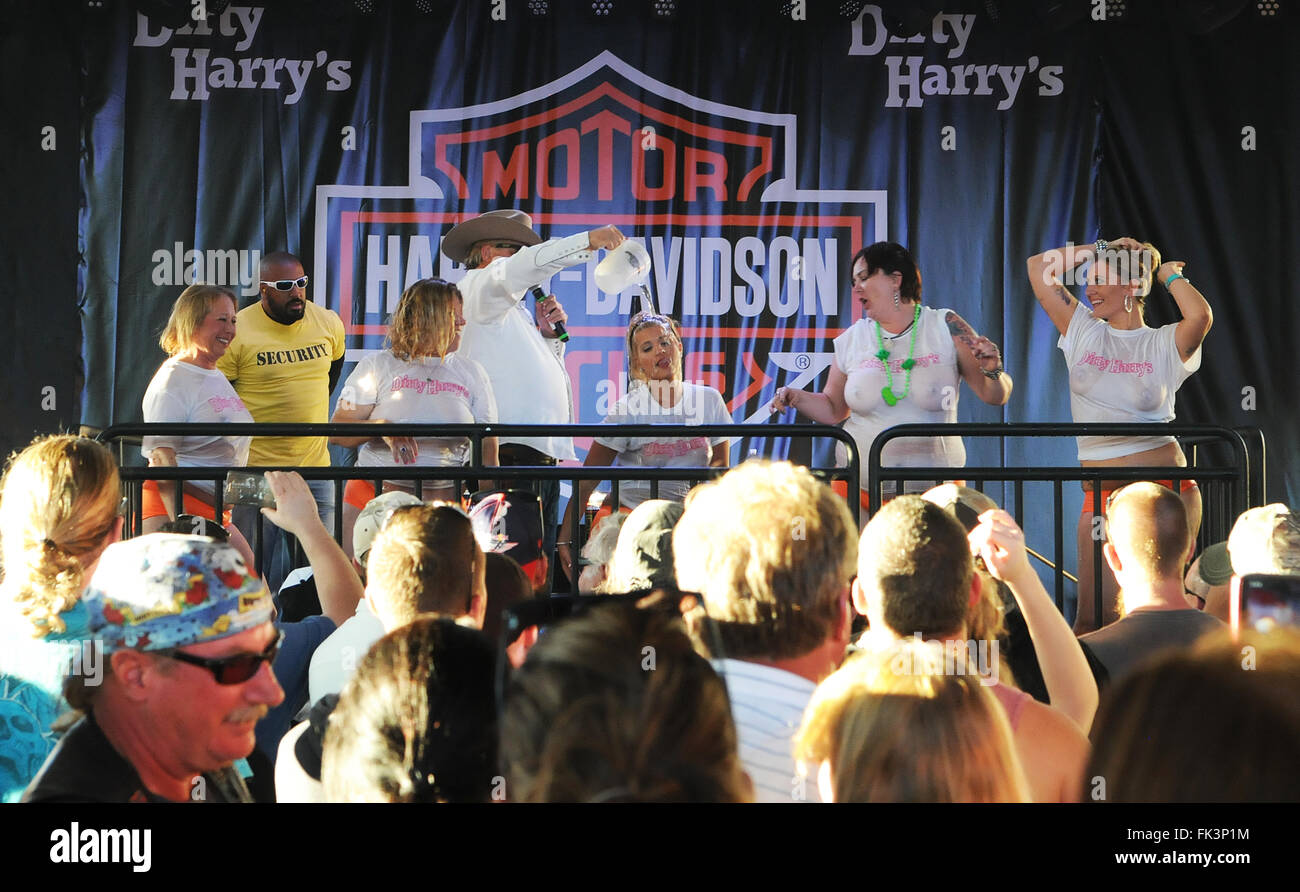 Daytona Beach, Florida, USA. 06th Mar, 2016. People watch as women compete  in a wet t-shirt contest at a bar on Main Street in Daytona Beach, Florida  during the 75th Annual Bike