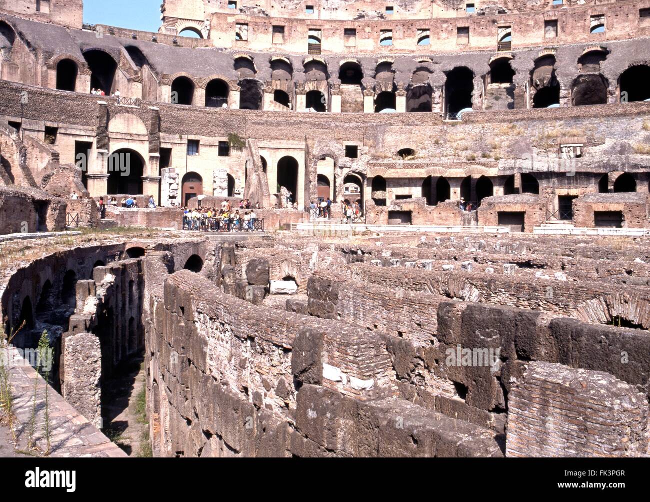 View of the inside of the Roman Colosseum showing the underground ...