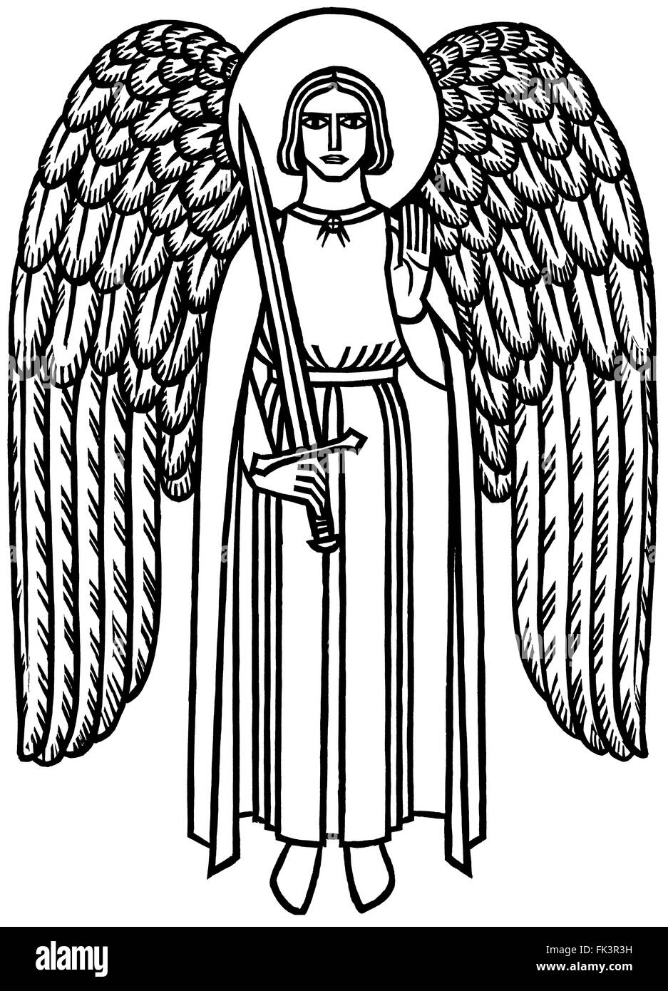 Woodcut, white Angel of Light with sword Stock Photo