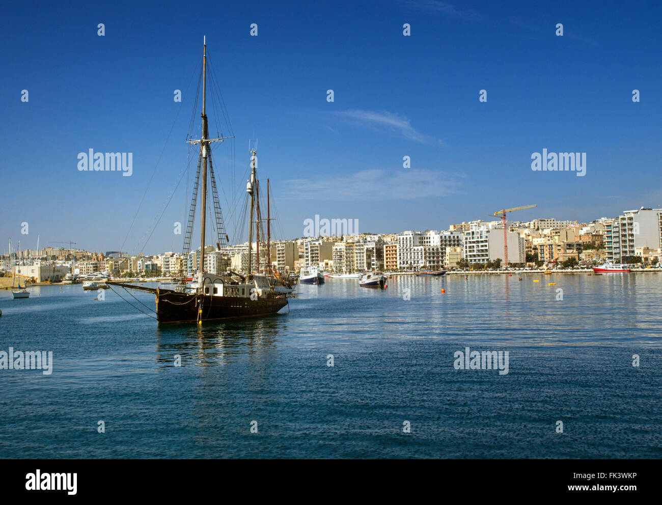 Marsamxett Harbour towards Sliema, Malta, from the Valletta ferry Stock Photo