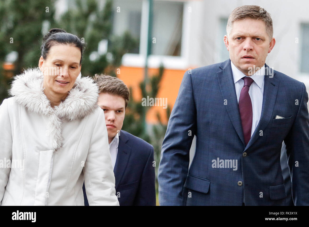 Bratislava, Slovakia. 5th Mar, 2016. A chief of the Smer-Social Democracy (Smer-SD) party and Slovak Prime Minister Robert Fico, his son Michal Fico and his wife Svetlana Ficova, from right to left, comes to vote during the parliamenty elections in Bratislava, Slovakia, Saturday, March 5, 2016. © Martin Mikula/CTK Photo/Alamy Live News Stock Photo