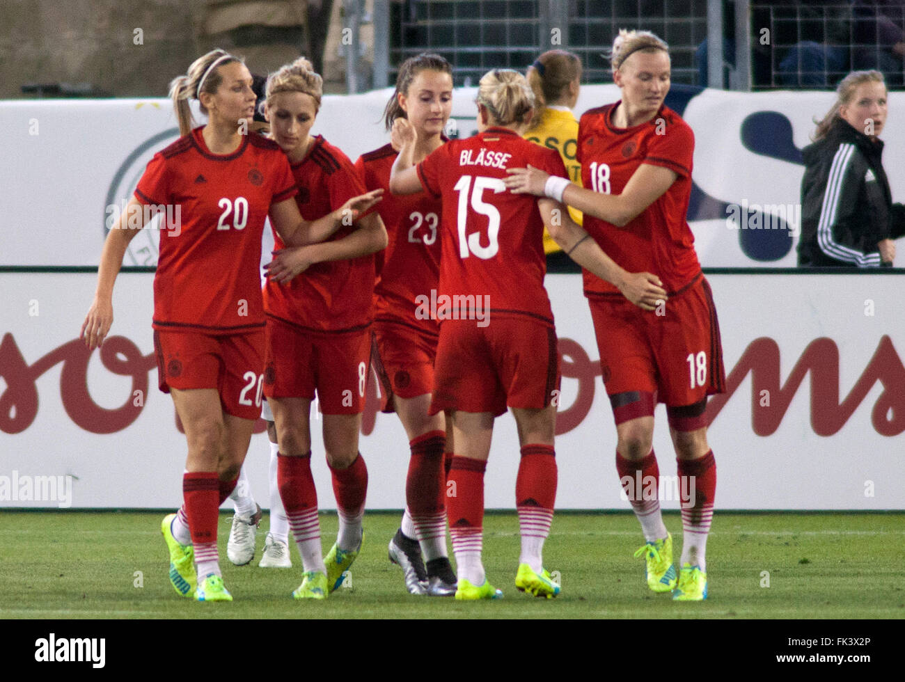 Nashville, USA. 06th Mar, 2016. German team with Lena Goessling (L-R), Kathrin Hendrich, Sara Däbritz, Anna Blässe and Alexandra Popp celebrate during the She Believes Cup at the Nissan Stadium in Nashville, USA, 06 March 2016. Germany won 2:1. Photo: Rick Musacchio/dpa/Alamy Live News Stock Photo
