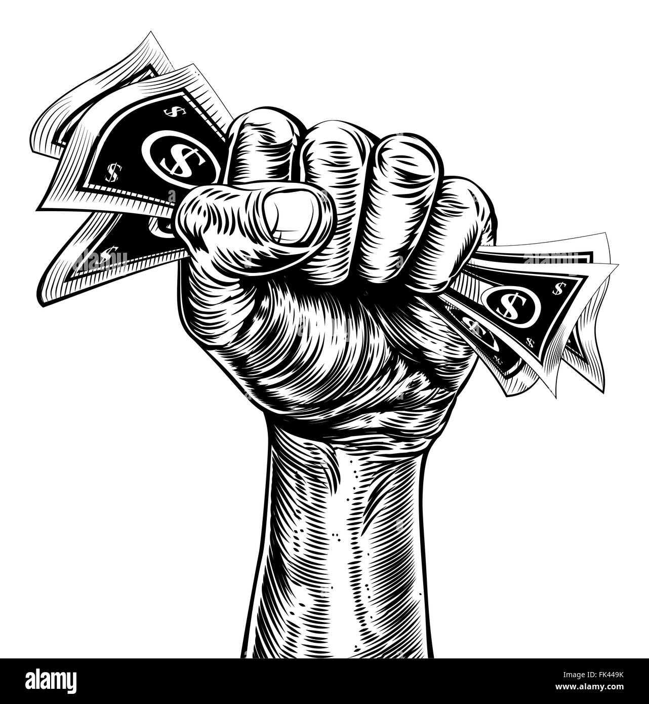 An original design of a fist holding money in a vintage propaganda poster wood cut style Stock Photo