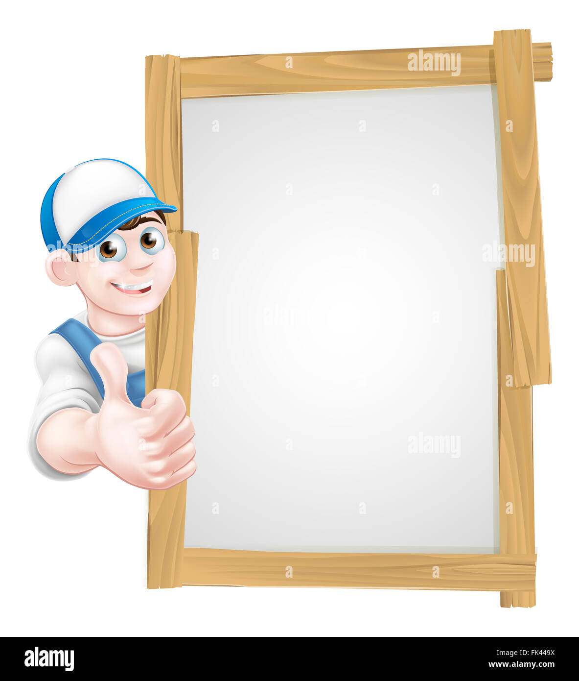 Cartoon mechanic, plumber, handyman, decorator or gardener leaning around a wooden sign board and giving a thumbs up Stock Photo