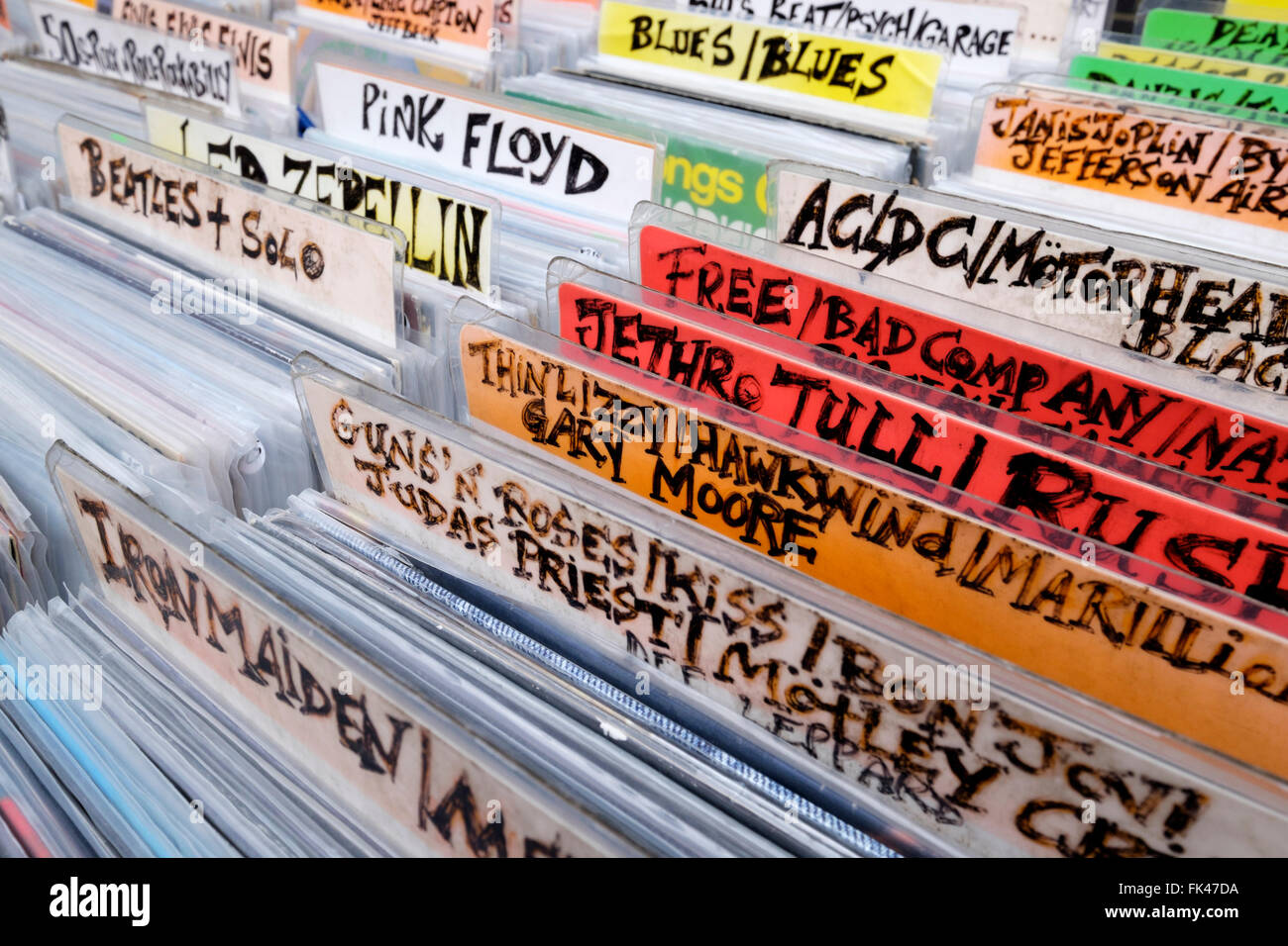 1970's prog rock vinyl records on sale at a market stall in Camden Town, London Stock Photo