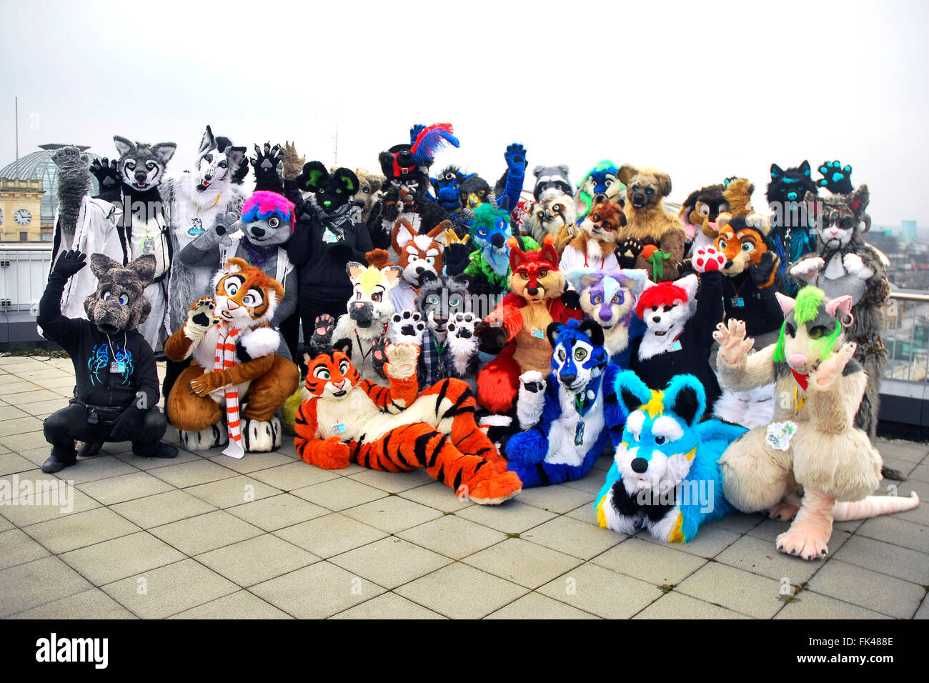 Furry fandom take part on a "Furry Walk" at the screening of the animated  movie "Zoomania" in Dresden, Germany. On March 05, 2016./picture alliance  Stock Photo - Alamy