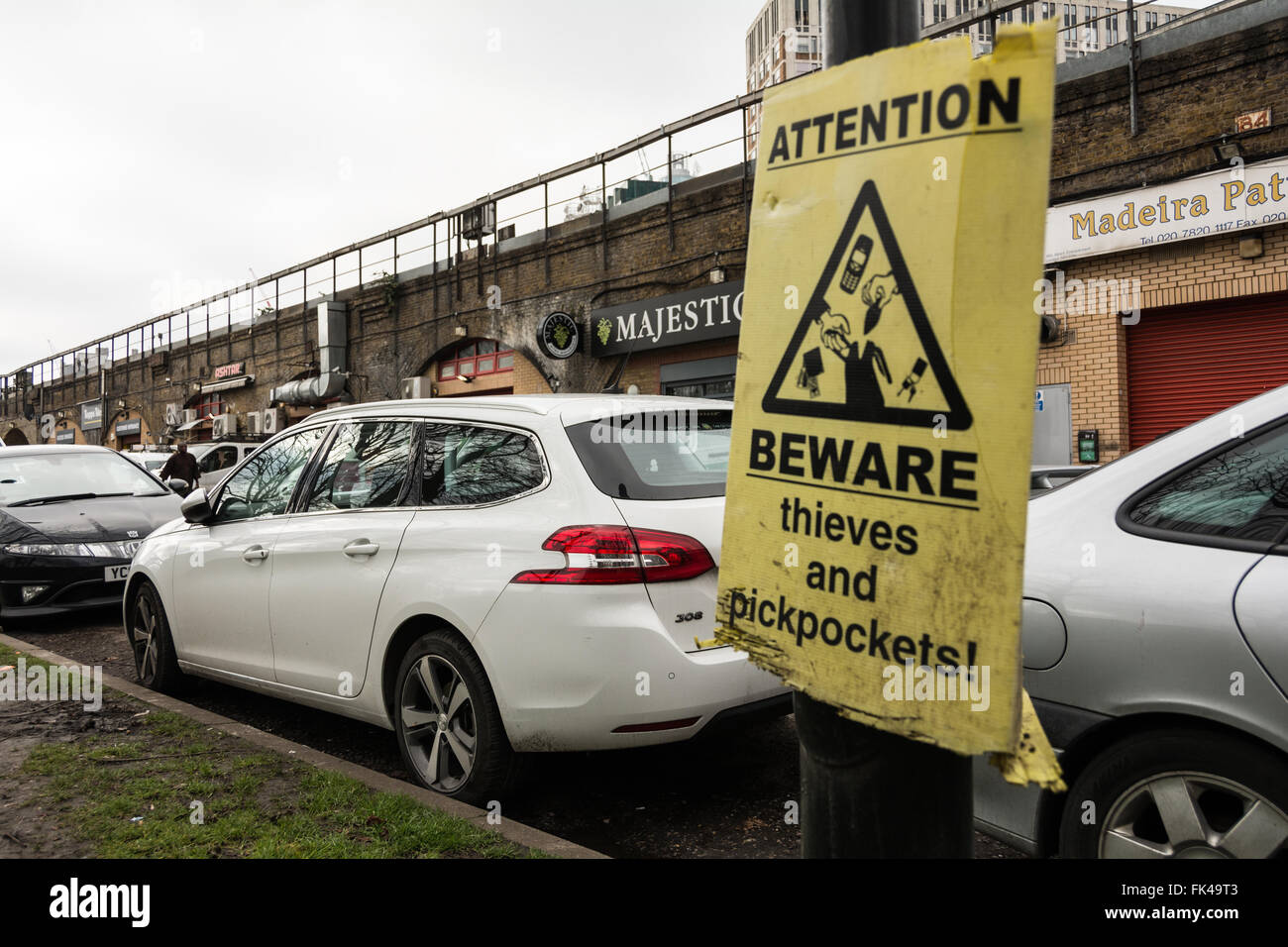 Beware - Thieves and Pickpockets sign in London street, UK. Stock Photo