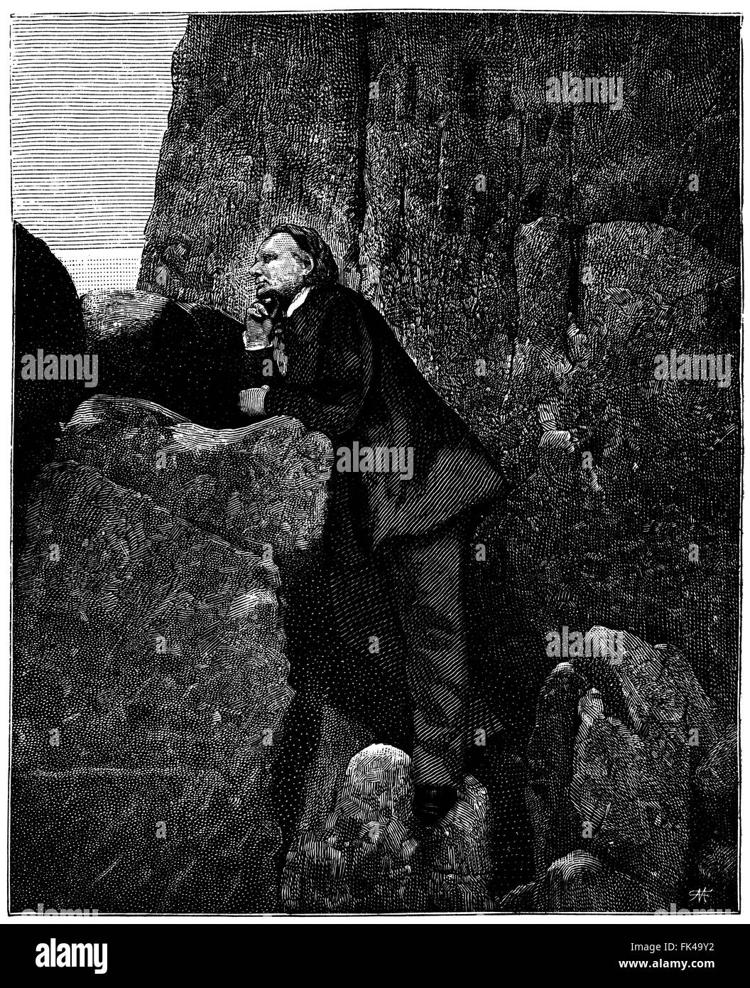 Victor Hugo in the rocks at Jersey (from a vintage photograph) Stock Photo