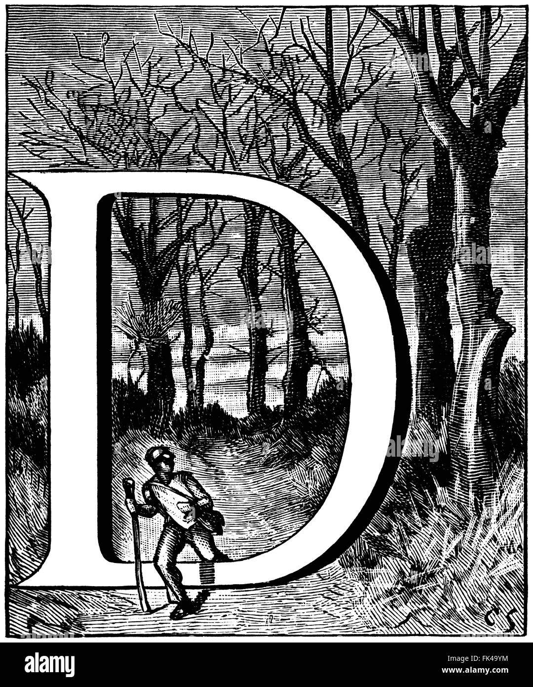 Wanderer stepping over an Initial letter D along a path leading out of a forest. Stock Photo