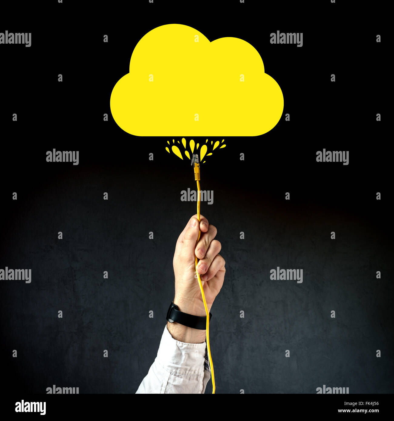 Businessman plugging LAN cable to connect to cloud service, internet technology cloud computing concept, business solution. Stock Photo