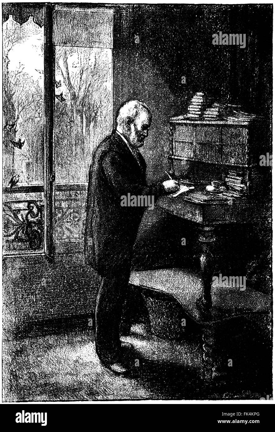 Victor Hugo at his writing desk (Vintage engraving from a photograph) Stock Photo