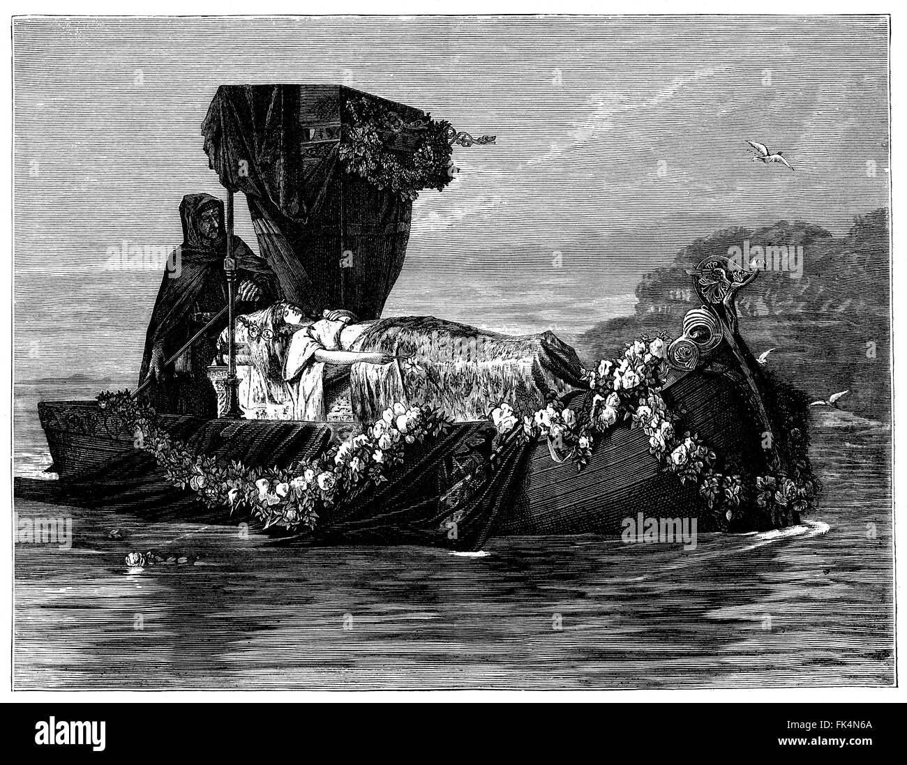 Rosenthal's Elaine  - Lady of Chalotte floating dead in her funeral barge on the River Thames (Charon and Styx?) Stock Photo