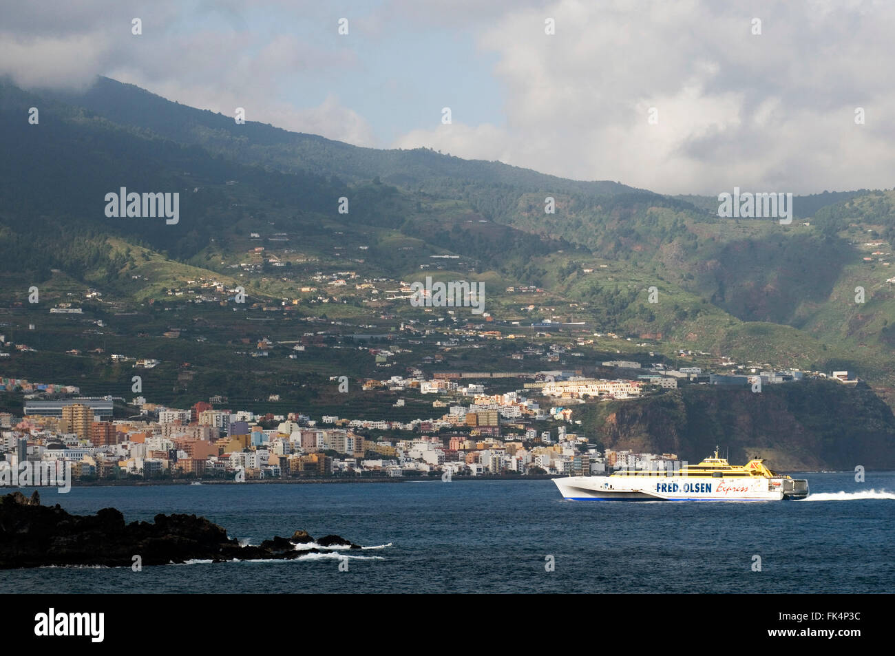 Benchijigua Express hydrofoil fast ferry operated by Fred Olsen line in the canary islands approaching   Santa Cruz de La Palma Stock Photo