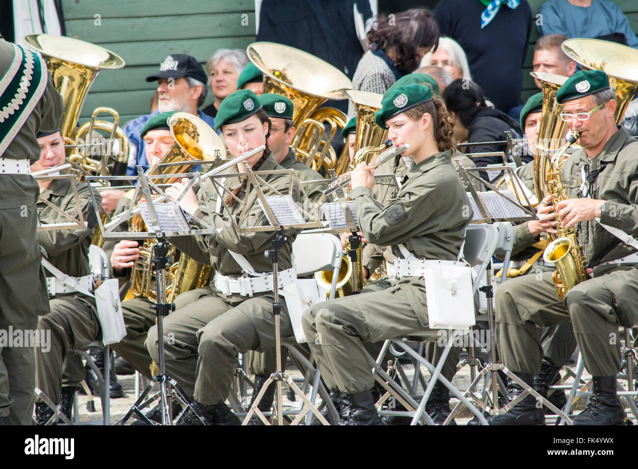 Mauthausen, Austria-May 10.2015: military celebration of the Mauthausen camp liberation by all the countries involved paying tri Stock Photo
