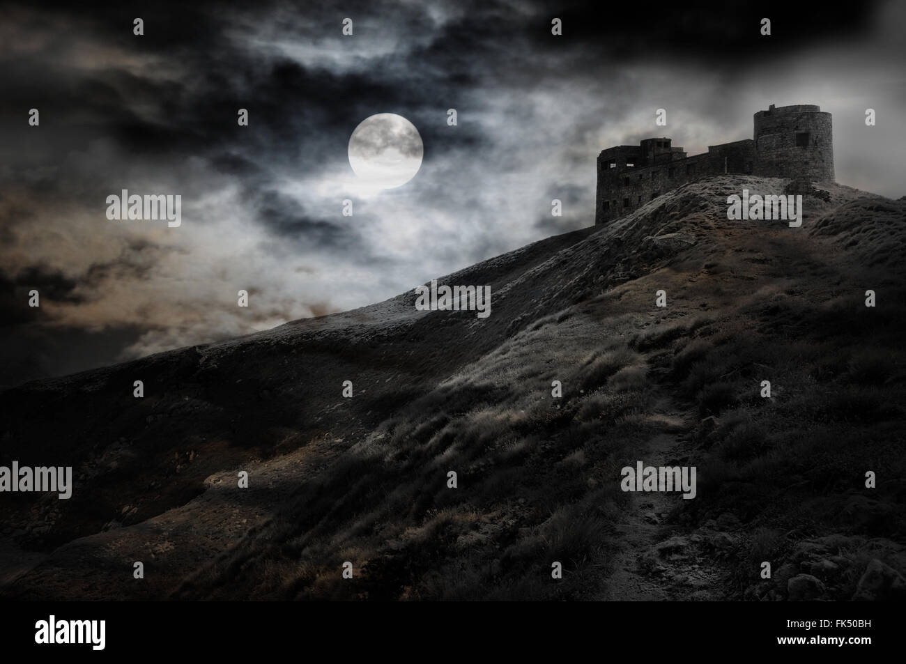 Night, moon and dark fortress black and white halloween theme Stock Photo