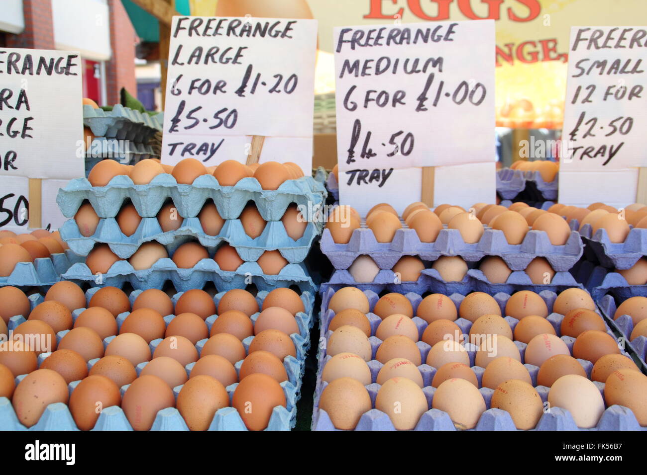 Trays of free range chicken eggs for sale on a British food market