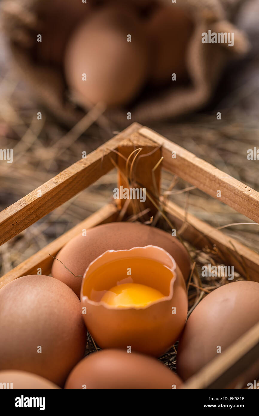 Closeup of fresh brown broken egg in wooden crate Stock Photo