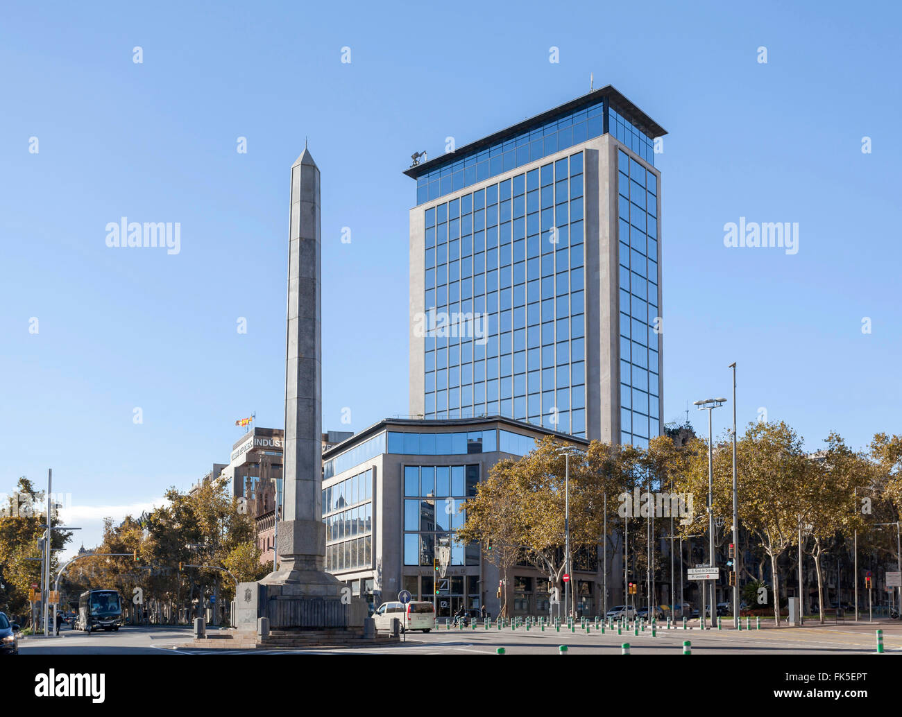 Building Europa- Deutsche Bank and obelisk. Avenida Diagonal- Passeig de Gràcia. Barcelona. Stock Photo