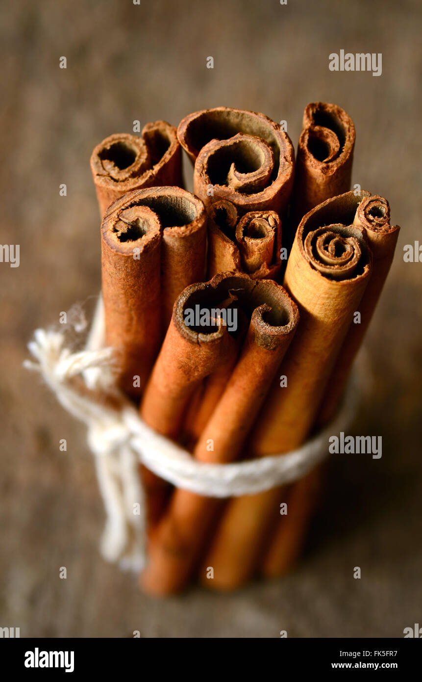 Bunch of cinnamon sticks close up shot Stock Photo