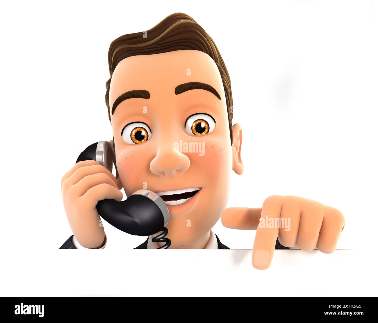 3d businessman on phone and pointing to empty wall, isolated white background Stock Photo