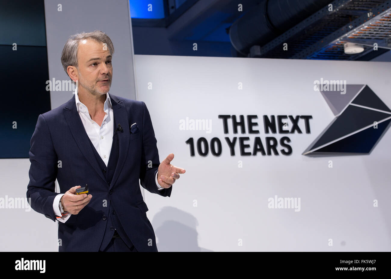 Munich, Germany. 07th Mar, 2016. BMW head of Design Adrian van Hooydonk presents a design study at a press conference in Munich, Germany, 07 March 2016. The Bayrische Flugzeugwerke aircraft manufacturer was founded on 07 March 1916 and later became the Bayrische Motoren Werke (Bavarian Motor Works) - BMW. Photo: SVEN HOPPE/dpa/Alamy Live News Stock Photo