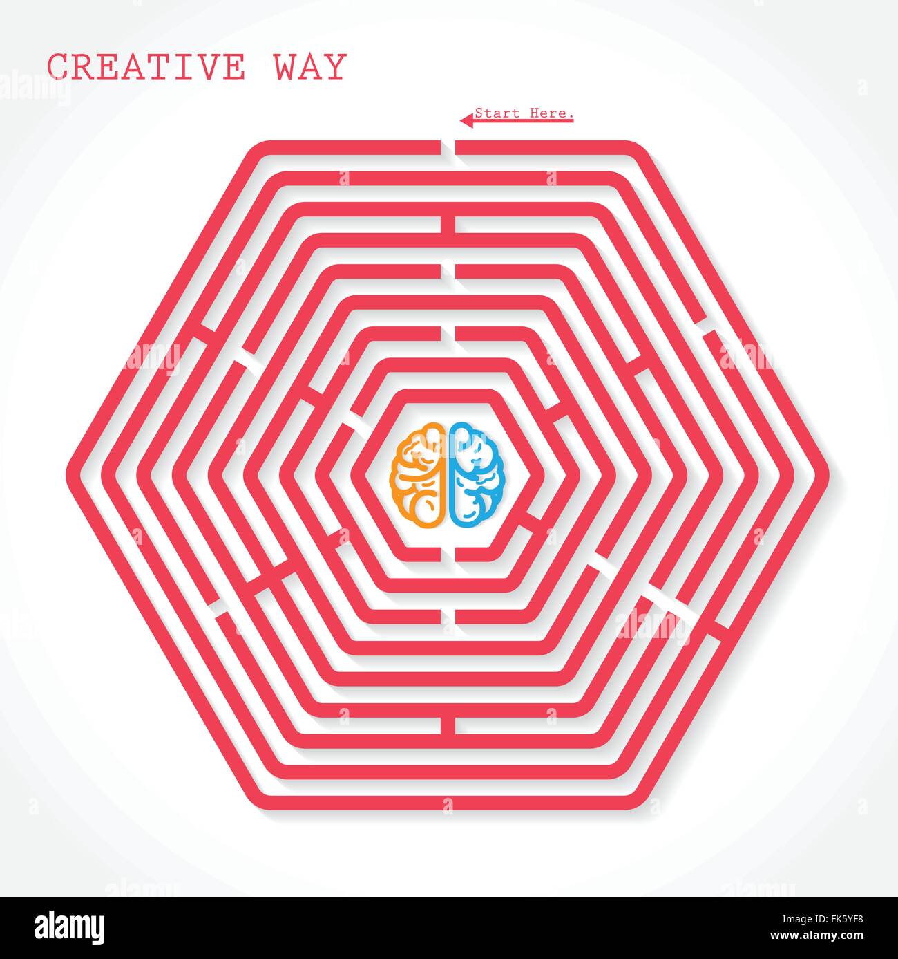 Creative hexagon maze way concept. Creative brain symbol  in the middle of hexagonal maze, education sign , business ideas . Stock Vector