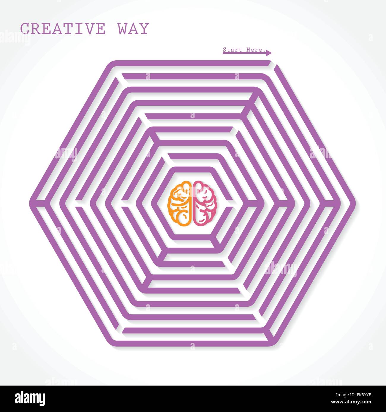 Creative hexagon maze way concept. Creative brain symbol  in the middle of hexagonal maze, education sign , business ideas .Vect Stock Vector