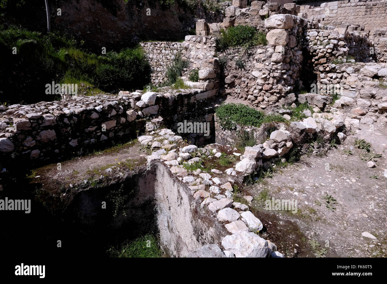 View of ruins of Ir David or City of David a major archaeological site near the Temple mount in East Jerusalem which is speculated to compose the original urban core of ancient Jerusalem. Israel on 07 March 2016 After nine years of excavating by the Israel Antiquities Authority, archaeologists at the City of David National Park succeeded in reaching the strata of ancient Jerusalem dating to the First Temple period. Stock Photo