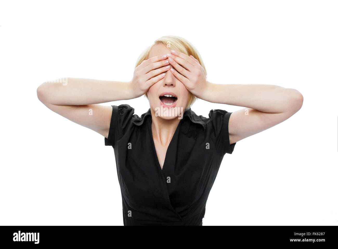 Blonde woman don't see, isolated on white Stock Photo - Alamy