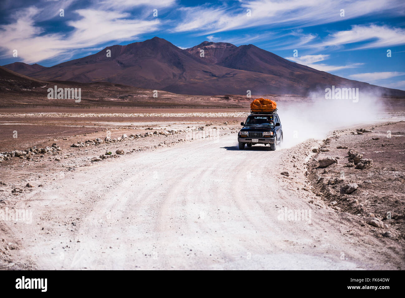 A 4wd Bolivian Altiplano tour passing volcanoes, South-West Bolivia, South America Stock Photo