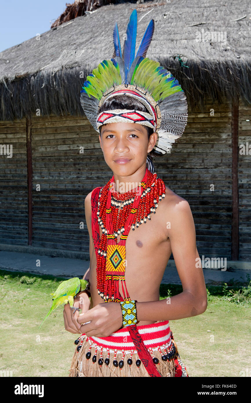 A Pataxo indigenous Brazilian boy from southern Bahia in traditional dress, Bahia, Brazil, South America Stock Photo